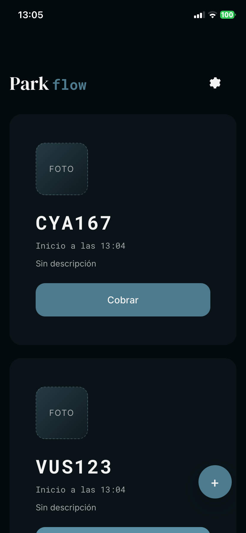 Pantalla principal con sesiones activas de estacionamiento