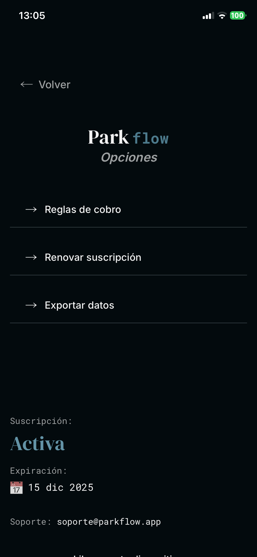 Pantalla de opciones y configuración de la aplicación